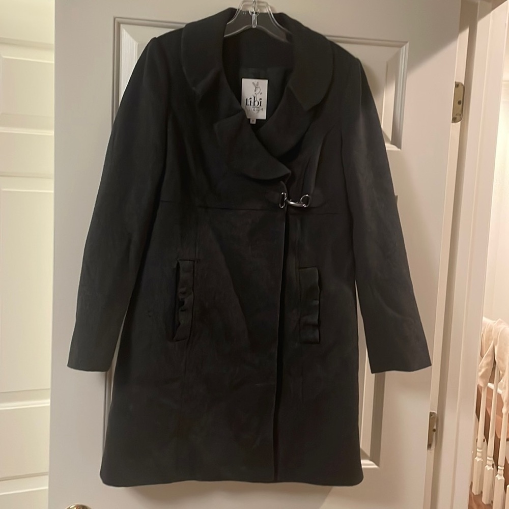 Charcoal gray wool dress coat with ruffle detail